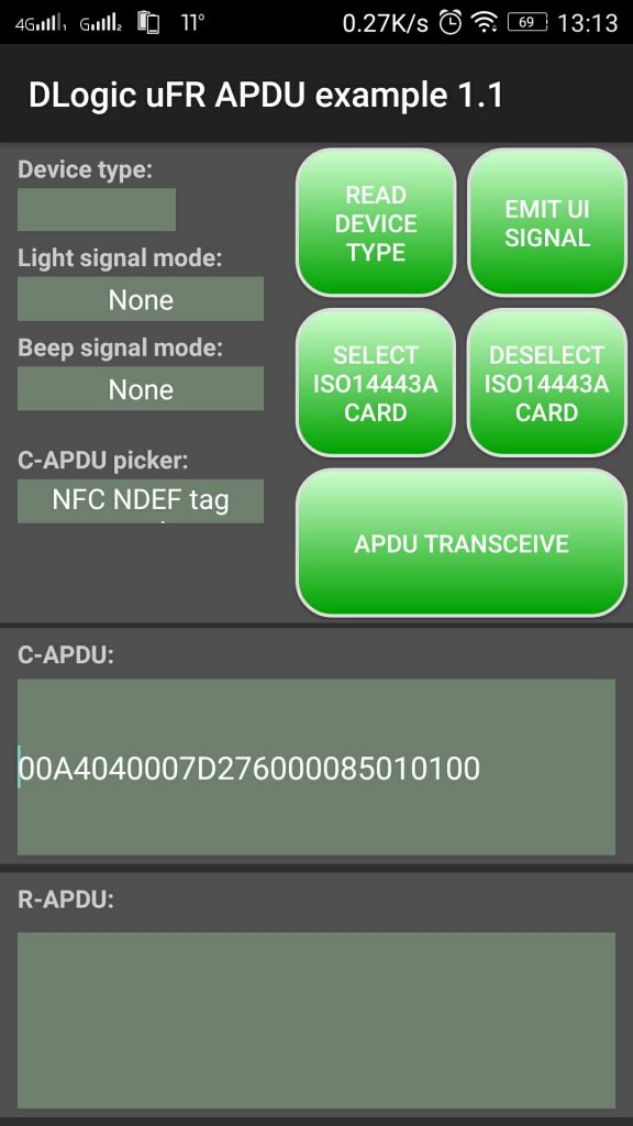 إرسال / استقبال أوامر NFC APDU على Android (شاشة البرنامج الأولية)